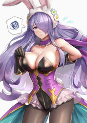 1girls adjusting_clothes alternate_costume bare_shoulders big_breasts bunny_ears bunny_girl bunnysuit camilla_(fire_emblem) camilla_(spring)_(fire_emblem) choker easter fire_emblem fire_emblem_fates fire_emblem_heroes gonzarez gonzarez1938 hair_over_one_eye large_breasts long_hair nintendo pantyhose purple_eyes purple_hair simple_background solo solo_female unamused wardrobe_malfunction white_background