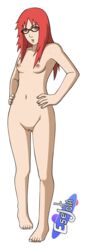 1girls areolae bite_mark bite_marks breasts esejota female female_only full_body glasses hands_on_hips long_hair looking_at_viewer naruto naruto_shippuden navel nipples nude open_mouth pussy red_eyes red_hair scar scars shaved_pussy small_breasts uzumaki_karin white_background