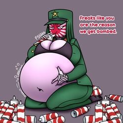 annoyed belly big_belly big_breasts breasts breasts_bigger_than_head can cans countryhumans countryhumans_girl ech0chamber expansion female female_only glowing_eyes grabbing_belly hand_on_belly hat hyper inflation japanese_empire_(countryhumans) kneeling looking_at_viewer military_hat military_uniform sitting text unbuttoned unbuttoned_shirt uniform whipped_cream