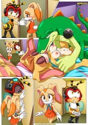 1boy 1girls a_new_play_(comic) anthro anthro_on_anthro bbmbbf bed bedroom big_breasts big_penis blush breasts bunny_girl charmy_bee comic completely_nude completely_nude_female cream_the_rabbit female female/male female_penetrated french_kiss interspecies kissing male male/female milf mobius_unleashed nude nude_female nudity palcomix penis reptile_humanoid sega sex sonic_(series) sonic_the_hedgehog_(series) sonic_x tongue tongue_out vaginal_penetration vaginal_sex vanilla_the_rabbit vector_the_crocodile