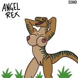 1girl 1girls amber_eyes angel_rex anthro breasts dinosaur dromaeosaurid echo_(jurassic_world) female female_only hands_behind_head jurassic_park jurassic_world jurassic_world_alive jurassic_world_evolution jurassic_world_the_game looking_at_viewer naked non-mammal_breasts non-mammal_nipples open_mouth pink_areola pink_nipples pink_pussy plant pose posing pussy raptor scalie sharp_teeth simple_background stripes tail tan_scales velociraptor velociraptor_echo white_background yellow_eyes