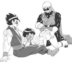 1girls 2boys aeolus06 all_fours black_and_white blowjob canon_couple clothed_male_nude_female costume couple doggy_style dragon_ball dragon_ball_z fellatio female great_saiyaman human hybrid male male_saiyan mmf_threesome monochrome nude_female saiyan sex son_gohan spitroast straight superhero tagme threesome videl