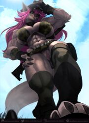 abs alasta anthro belt bra canid canine canis claws clothing fangs female genitals gloves green_eyes gun hair handwear hat headgear headwear long_hair mammal muscular muscular_female pink_hair pussy raised_arm ranged_weapon segway_(segwayrulz) solo standing teeth text tongue tongue_out underwear url weapon wolf