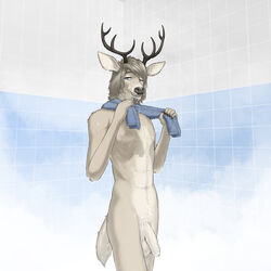 5_fingers abs anthro antlers balls ballsack big_balls blue_eyes brown_hair cervid cervine digital_drawing_(artwork) digital_media_(artwork) dripping dripping_wet droplets fingers flaccid foreskin fur genitals hair hair_over_eye hi_res hooved_fingers hooves horn humanoid_genitalia humanoid_penis intact looking_at_viewer male mammal maskopatol messy_hair muscular muscular_anthro muscular_male navel nipples nude one_eye_closed one_eye_obstructed penis pubes saggy_balls scrotum shower_room smile solo solo_focus standing steam tan_body tan_fur teeth testicles tile tile_wall towel towel_around_neck towel_only tuft uncut unretracted_foreskin vein veiny_penis wall_(structure) wet wet_body wet_fur wet_hair wink