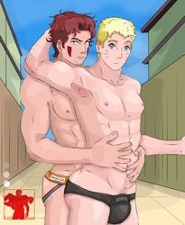 2boys abs bara beard black_eyes blonde_hair blue_eyes boruto:_naruto_next_generations brown_hair bulge dilf erect_nipples facepaint facial_hair gay hand_behind_head inuzuka_kiba jockstrap latibello light-skinned_male light_skin looking_at_viewer male male/male male_only mature mature_male muscular muscular_male naruto naruto:_the_last naruto_(series) naruto_shippuden nipples pecs short_hair standing stubble toned twink uzumaki_naruto whisker_markings whiskers yaoi yellow_hair