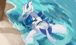 anthro beach bedroom_eyes big_breasts in_water lugia on_side pokemon pokemon_(species) scalie sixthleafclover swimsuit tail thick_thighs water