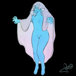 2020 artist_signature blanket blue_body blue_skin breasts female functionally_nude ghost ghost_girl hi_res mochipaint monster_girl simple_background solo white_eyes white_hair