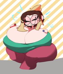 big_breasts blush breasts cleavage cleavage_overflow closed_eyes closed_mouth colored dyed_hair frogface_(bulumble-bee) glasses green_topwear huge_breasts motion_lines musical_note nintendo_switch no_text original original_character piercings pink_legwear ponytail shading smile thighs tinted_eyewear top_heavy