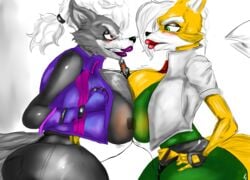 2girls anthro big_breasts breast_press fableeg fox fox_mccloud furry furry_breasts green_eyes huge_breasts nintendo purple_lips purple_lipstick red_hair red_lips red_lipstick rule_63 star_fox super_smash_bros. wolf wolf_o'donnell