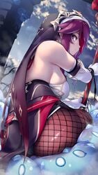 1girls ass backless_outfit bangs bare_shoulders big_breasts breasts cloud dress elbow_gloves female fishnet_legwear fishnets genshin_impact gloves hizake holding holding_weapon in_profile kashu_(hizake) large_breasts long_hair looking_at_viewer looking_back nun pelvic_curtain polearm purple_eyes purple_hair red_hair rosaria_(genshin_impact) sideboob sitting sky slime slime_(genshin_impact) slime_monster solo spear vampire veil weapon white_dress white_gloves