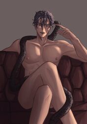 1boy adam_(sk8_the_infinity) ainosuke_shindo bare_arms bare_chest bare_legs bare_shoulders blue_hair couch crossing_legs legs_crossed male_focus male_only nude nude_male sitting sk8_the_infinity snake solo solo_male