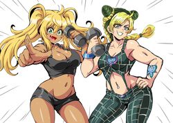 2girls breasts crossover dumbbell dumbbell_nan_kilo_moteru? female green_hair gyaru human jojo's_bizarre_adventure jolyne_kujo lewdamone light-skinned_female light_skin long_hair looking_at_viewer muscular navel_piercing sakura_hibiki sexy_armpits shounen_jump stone_ocean tattoo toned workout