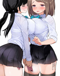 2girls black_hair breasts_to_breasts closed_eyes curvy cute female_only female_pervert holding_object holding_phone kaisen_chuui multiple_girls original pervert phone plain_background pressing_breasts_together school_uniform schoolgirl schoolgirl_uniform sweat symmetrical_docking taking_picture thick_thighs yuri