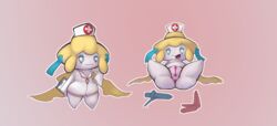 absurd_res anthro anus clothing digital_media_(artwork) ediblecrustables female genitals hand_on_hip headgear headwear hi_res jirachi legendary_pokemon legs_up looking_at_viewer lying medical_instrument nintendo nude nurse nurse_clothing nurse_headwear nurse_uniform on_back pokémon_(species) pokemon pokemon_(species) proctoscope pussy scientific_instrument simple_background solo speculum spread_legs spreading standing uniform video_games