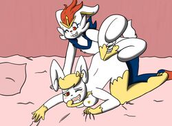 1boy 1girls ambiguous_penetration anthro bed blonde_hair blush bodily_fluids breasts cinderace duo female female_penetrated female_pokemon femsub fiona_(artist) fur furniture hair male male/female male_cinderace male_penetrating male_penetrating_female male_pokemon male_pokemon/female_pokemon maledom meowstic nintendo nipples nude penetration pillow pokémon_(species) pokemon pokemon_ss red_eyes saliva video_games white_body white_fur yellow_nipples yellow_sclera