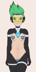 1girls babyserval_(artist) bodysuit breasts covered_nipples covered_pussy glitch_techs green-tinted_eyewear green_eyes green_hair navel nipple_bulge pussy_tape reverse_bunnysuit short_hair simi_(glitch_techs) smooth_skin tinted_eyewear visor