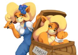 2girls anthro blonde_hair box bullying coco_bandicoot crash_(series) dogyd fur furry nude overalls tawna_bandicoot