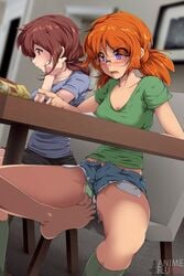 1boy1girl 1girls 2girls ambiguous_gender animeflux blush clothing eleanor_(animeflux) foot_play glasses hidden legs_spread loose_clothes panties red_hair shocked_expression short_shorts sweating unaware under_the_table unknowing_bystander