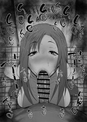 1boy 1girls :>= big_breasts big_penis black_and_white blowjob blush censored coat detailed_background doctor drooling eyelashes fellatio heart human indoor inside jujutsu_kaisen kurotama long_hair looking_at_viewer male male_pov monochrome oral oral_sex room saliva shiny shiny_skin shoko_ieiri sound_effects squatting stockings sweat text unseen_male_face vein veins veiny veiny_penis