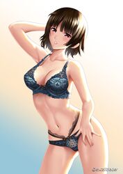 1girls blue_bra blue_panties bra breasts clothing excaliblader female lingerie makoto_niijima matching_underwear megami_tensei panties persona persona_5 short_hair solo spread_legs wide_hips