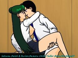 1boy 1girls big_breasts bishoujo_senshi_sailor_moon breasts clothed clothed_sex clothing darklove69 desk exposed_breasts exposed_nipples green_hair mamoru_chiba medium_breasts setsuna_meiou skirt straight_hair tagme