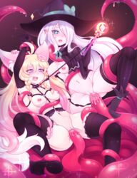 2019 2girls animal_ears blonde_hair breasts cleft_of_venus hanami_(thescarletdevil) hat highres long_hair looking_at_viewer medium_breasts multiple_girls navel nipples open_mouth pointy_ears popila_(thescarletdevil) purple_eyes pussy silver_hair spread_legs tentacle thescarletdevil uncensored very_long_hair witch_hat