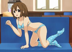 bench brown_hair hairclip hirondo k-on! light_blue_bra light_blue_panties light_blue_socks medium_breasts polka_dot_bra polka_dot_panties polka_dot_socks window yui_hirasawa_(k-on!)