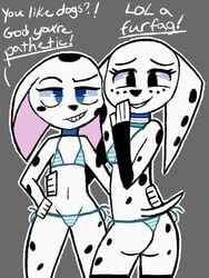 101_dalmatian_street 101_dalmatians 2girls anthro ass bikini black_eyes black_spots blue_eyes breasts bubble_butt cadpig canine collar cub curvy d0ttko dalmatian disney disney_xd dolly_(101_dalmatians) duo flat_chest fur grin hand_on_hip insult insulting_viewer long_ears looking_at_viewer multiple_girls smile spots spotted_fur swimwear text three-quarter_portrait white_fur wide_hips