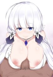 013_(hamsasuke) 1boy 1girls azur_lane bare_shoulders blue_eyes breasts censored cleavage clothing dark-skinned_male dark_skin detached_collar eyebrows_visible_through_hair female gloves hair_ribbon highres illustrious_(azur_lane) large_breasts light-skinned_female light_skin long_hair looking_at_viewer mosaic_censoring nipples outercourse paizuri paizuri_under_clothes pubic_hair ribbon sapphire_(gemstone) simple_background solo white_gloves white_hair