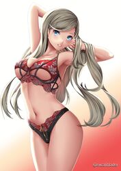 1girls ann_takamaki bra breasts clothing excaliblader female legs_together lingerie long_hair megami_tensei navel panties persona persona_5 red_bra red_panties solo underwear