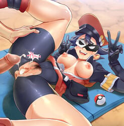 1boy 1girls anus bangs bike_shorts black_bag black_gloves black_hair blush breasts breasts_out censored commentary_request cum cum_in_pussy cumdrip day domino_mask double_v drooling duo eye_mask fanny_pack female female_focus female_pubic_hair gloves hairy_pussy hand_on_another's_thigh hands_up hat heart human jacket kilesha kirewisha light-skinned_female light_skin long_sleeves male mask masked masked_female mole mole_under_eye mosaic_censoring nipples no_bra no_pupils npc_trainer on_back open_mouth outdoors penis poke_ball pokemon pokemon_masters pokemon_ranger_(pokemon) pokemon_ranger_(pokemon_masters) pubic_hair pubic_hair_peek raised_eyebrows red_headwear saliva shiny shiny_hair short_hair shorts spread_legs straight team_break teeth tongue v zipper_pull_tab