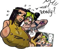 2girls big_breasts black_hair blush braided_hair breasts cleavage clothed dark-skinned_female dark_skin dreadlocks dyed_hair edit ermes_costello female green_eyes hair_buns handcuffs hirohiko_araki huge_breasts human jojo's_bizarre_adventure jolyne_kujo latina light-skinned_female light_skin lipstick long_hair nipple_bulge no_bra shounen_jump speech_bubble stone_ocean sweat tattoo text yellow_eyes