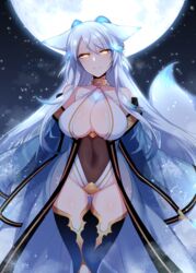 1girls animal_ears bangs bare_shoulders cleavage female fox_ears fox_tail glowing glowing_eyes grin horns konshin large_breasts leotard long_hair looking_at_viewer moon navel original smile solo tail thighhighs white_hair yellow_eyes