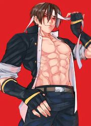 1boy belt eight_pack head_band jacket jeans king_of_fighters kyo_kusanagi male_only muscular muscular_male red_eyes simple_background snk solo_male unknown_artist