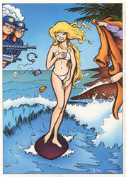 1girls 3boys beach blonde_hair bra cassette_player cassette_tape cherry_poptart cherry_poptart_(comic) coat fine_art_parody gun larry_welz male pale_skin police police_uniform public_domain rifle standing straight_hair surfboard surfing tagme the_birth_of_venus walkman white_bikini