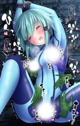 1girls asada_shino blush bodysuit bondage breast_grab breasts breath censored chained chains closed_eyes cuffs female floating_hands fondling fondling_breast gun_gale_online handcuffs legs_apart open_legs restrained short_hair sinon skin_tight sweat sword_art_online text thighs zero_suit