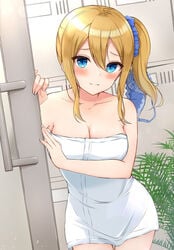 bare_shoulders bath_towel blonde_hair blue_eyes blush bra_removed closed_mouth collarbone covered_breasts covered_navel covered_nipples embarrassed eyebrows eyebrows_visible_through_hair eyelashes hayasaka_ai kaguya-sama_wa_kokurasetai_~tensai-tachi_no_renai_zunousen~ looking_at_viewer mouth_closed naked_towel side_ponytail yukiunag1