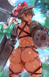 armor ass axe c.cu dark_skin from_behind fundoshi helmet japanese_clothes loincloth muscular muscular_female scar shield thick_thighs thighs thong