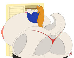 1girls blue_eyes dawnrn female female_only fluffy_tail furry furry_only hourglass_figure huge_nipples husky hyper_ass hyper_breasts hyper_hourglass hyper_thighs long_hair looking_back orange_hair simple_background smile snout tail