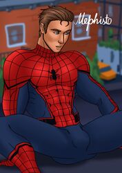 1boy bara blue_eyes brown_hair bulge dick looking_down male male_only marvel marvel_cinematic_universe mask_removed mephisto mephisto(artist) peter_parker solo spider-man spider-man:_homecoming spider-man_(series) spread_legs yaoi