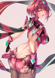 1girls clothed color exposed_back grabbing_own_ass hinot inoue_takuya_(pixiv_99697) looking_at_viewer looking_back nintendo pyra red_eyes red_hair short_shorts smile solo teasing tights xenoblade_(series) xenoblade_chronicles_2