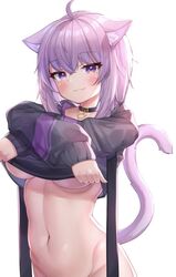 1girls :3 animal_ears animal_humanoid blush braless cat_ears cat_tail catgirl collar deaver female female_only hololive hololive_gamers hololive_japan kemonomimi navel nekomata_okayu purple_eyes purple_hair shirt_lift smirk solo tummy underboob virtual_youtuber