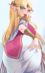 1girls :d a_link_between_worlds aqua_eyes artist_name ass ass_grab ass_in_dress bangs big_ass big_butt blonde_hair blue_eyes blush breasts circlet dat_ass dress earrings eyebrows_visible_through_hair eyelashes_visible_through_hair female female_only grabbing_own_ass hylian jewelry jtveemo long_hair looking_at_viewer looking_back medium_breasts nintendo open_mouth pointy_ears princess_zelda simple_background smile solo super_smash_bros. the_legend_of_zelda tight_dress triforce_earrings very_long_hair zelda_(a_link_between_worlds)