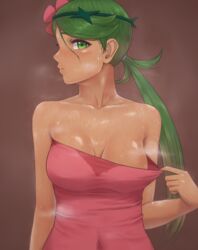 1girls airing_out bangs bare_arms bare_shoulders blush breasts closed_mouth clothing collarbone covered_navel covered_nipples dark-skinned_female dark_skin embarrassed female female_focus game_freak green_eyes green_hair hair_ornament highres long_hair looking_at_viewer low_twintails mallow_(pokemon) medium_breasts mil_k_vanilla miru_(wvjc7832) nintendo no_bra nose_blush pink_topwear pink_towel pokemon pokemon_sm shiny shiny_hair shiny_skin simple_background solo sweat sweat_stain sweatdrop sweating_profusely sweaty sweaty_breasts sweaty_chest sweaty_clothes swept_bangs topwear topwear_pull trial_captain twintails wet wet_body wet_clothes wet_skin