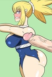 1girls ass big_ass big_breasts big_penis blonde_hair blue_eyes breasts dr.stone green_background kohaku_(dr.stone) male_penetrating offscreen_character penis sfh shingattai sweat sweatdrop torn_clothes torn_clothing veiny_penis