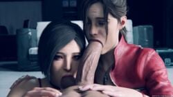 1boy 2girls 3d ada_wong ada_wong_(adriana) asian asian_female big_penis blowjob capcom claire_redfield collaborative_fellatio double_blowjob double_fellatio eye_contact fellatio female harem honta_animation huge_cock large_penis light-skinned_male looking_at_viewer male multiple_girls no_eyewear oral pale-skinned_male pale_skin penis ponytail pov resident_evil resident_evil_2 resident_evil_2_remake teamwork wholesome