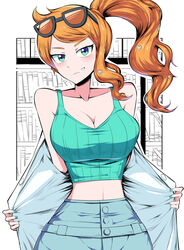 1girls 2019 big_breasts breasts cleavage female_only game_freak green_nails horny labcoat looking_at_viewer nintendo only_female orange_hair pokemon pokemon_professor pokemon_ss ponytail presenting presenting_breasts smiling solo solo_female sonia_(pokemon) sunglasses sunglasses_on_head suzusiigasuki tagme tank_top