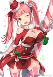 1girls ;d alternate_costume bangs bare_shoulders blunt_bangs blush bow breasts candy candy_cane christmas cleavage commentary_request dress fire_emblem fire_emblem:_three_houses fire_emblem_heroes flower food fur-trimmed_dress fur-trimmed_headwear fur-trimmed_sleeves fur_collar fur_trim gloves green_bow green_ribbon hair_bow hair_flower hair_ornament hair_ribbon haru_(nakajou-28) hilda_valentine_goneril hilda_valentine_goneril_(winter) holding large_breasts long_hair looking_at_viewer nintendo one_eye_closed open_mouth oversized_object pink_eyes pink_hair pink_legwear red_bow red_dress red_ribbon ribbon rose santa_costume smile solo solo_female striped striped_legwear thighhighs twintails twitter_username white_flower white_gloves white_rose zettai_ryouiki