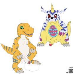 1:1 2boys absurd_res agumon agumon_x alternate_version_at_source animal_skin anthro balls claws digimon digimon_(species) duo foreskin gabumon genitals green_eyes hi_res horn humanoid_genitalia humanoid_penis male male_only markings penis qr_code red_eyes stripes vanzard vein yellow_body