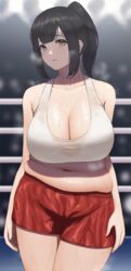 arms_at_sides bangs bare_arms bare_shoulders belly belly_fat belly_folds black_hair blurry blurry_background boxing_ring boxing_shorts breasts chubby chubby_female cleavage collarbone commentary_request commission cowboy_shot eyebrows_visible_through_hair fat_folds female freckles heavy_breathing high_ponytail highres indoors large_breasts looking_at_viewer mil_k_vanilla miru_(wvjc7832) muffin_top navel original parted_lips plump ponytail red_shorts see-through shiny shiny_skin short_hair shorts sidelocks skeb_commission solo sports_bra stage_lights standing sweat veins veiny_breasts wet wet_clothes white_sports_bra yellow_eyes